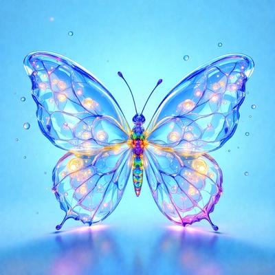 The primary subject of the image is a butterfly, which is the main object, scene, or focus of the image. The butterfly is depicted in a blue and purple color scheme, giving it a vibrant and lively appearance. The setting or background of the image is a blue surface, which provides a contrasting and complementary backdrop for the butterfly. The visual style of the image is a combination of photo and digital art, creating a unique and eye-catching representation of the butterfly.